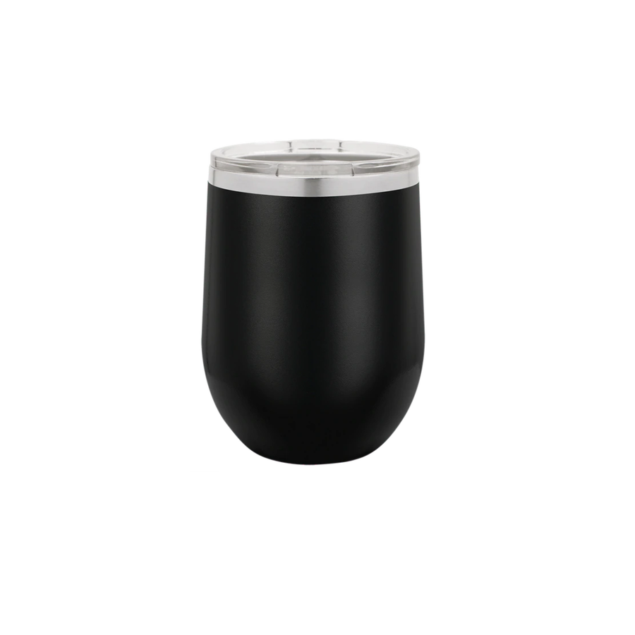 A black wine tumbler that can hold hot or cold beverages. 