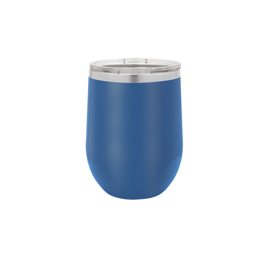 A blue wine tumbler that can hold hot or cold beverages. 