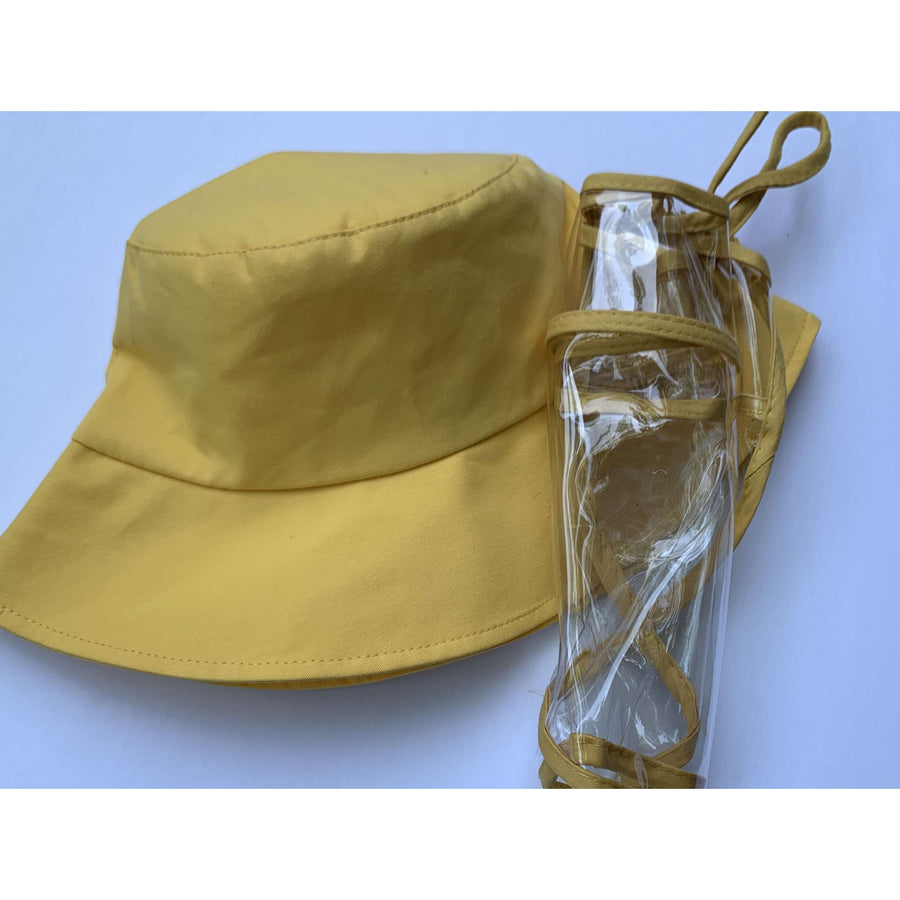 Yellow cotton bucket hat with anti-fog plastic face shield