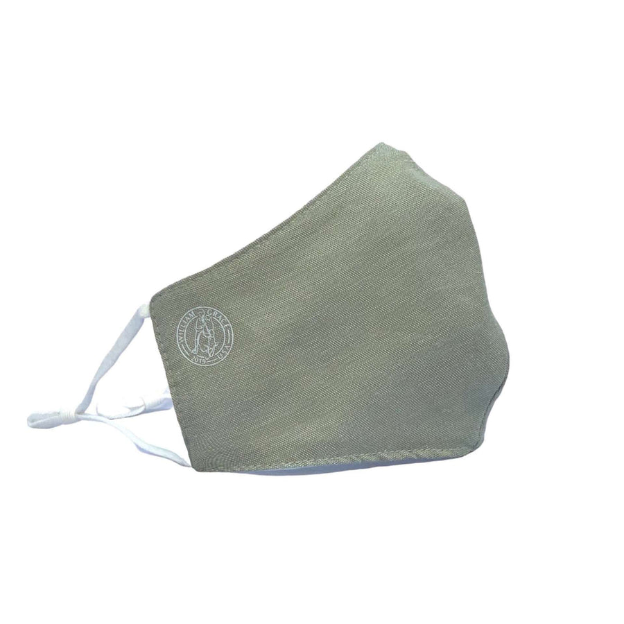 Hunter green linen face mask with adjustable ear loops, moisture wicking, antibacterial, breathable, logo'd on right cheek with white William grace logo