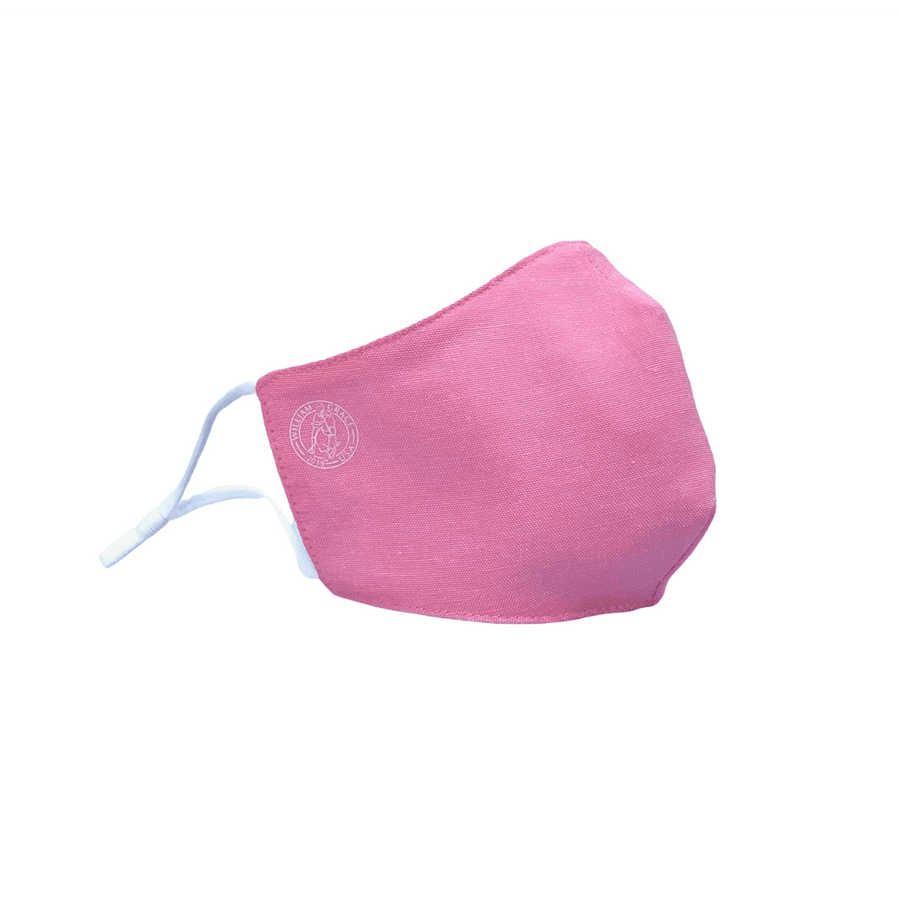 Hot pink linen face mask with adjustable ear loops, moisture wicking, antibacterial, breathable, logo'd on right cheek with white William grace logo