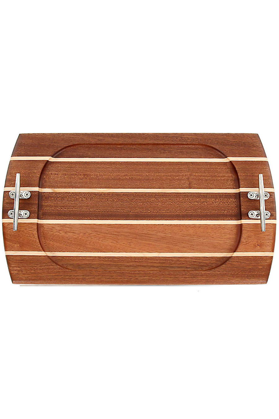 Nautical Rectangle Sapele serving board with accents of Maple. Made in USA. Stainless steel cleat handles. 