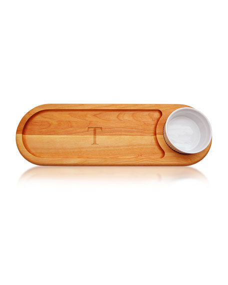 Monogrammed dip & serve board with carved monogram and ramekin pot. Yellow birch with hand-rubbed proprietary finish. Made in Vermont