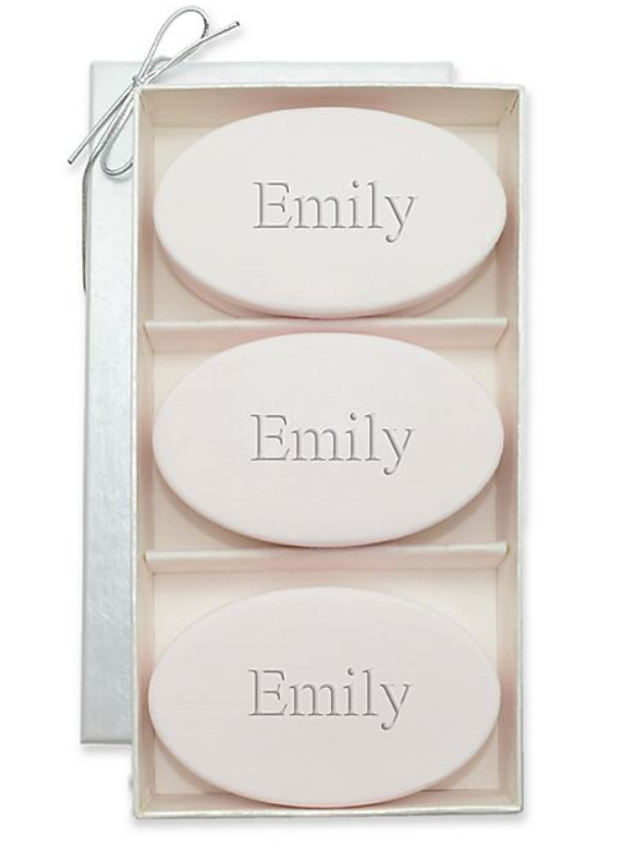 three oval soaps in a luxurious container monogrammed with Emily