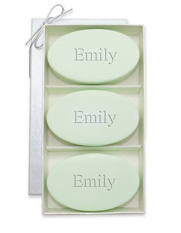 three oval soaps in a luxurious container monogrammed with Emily in green