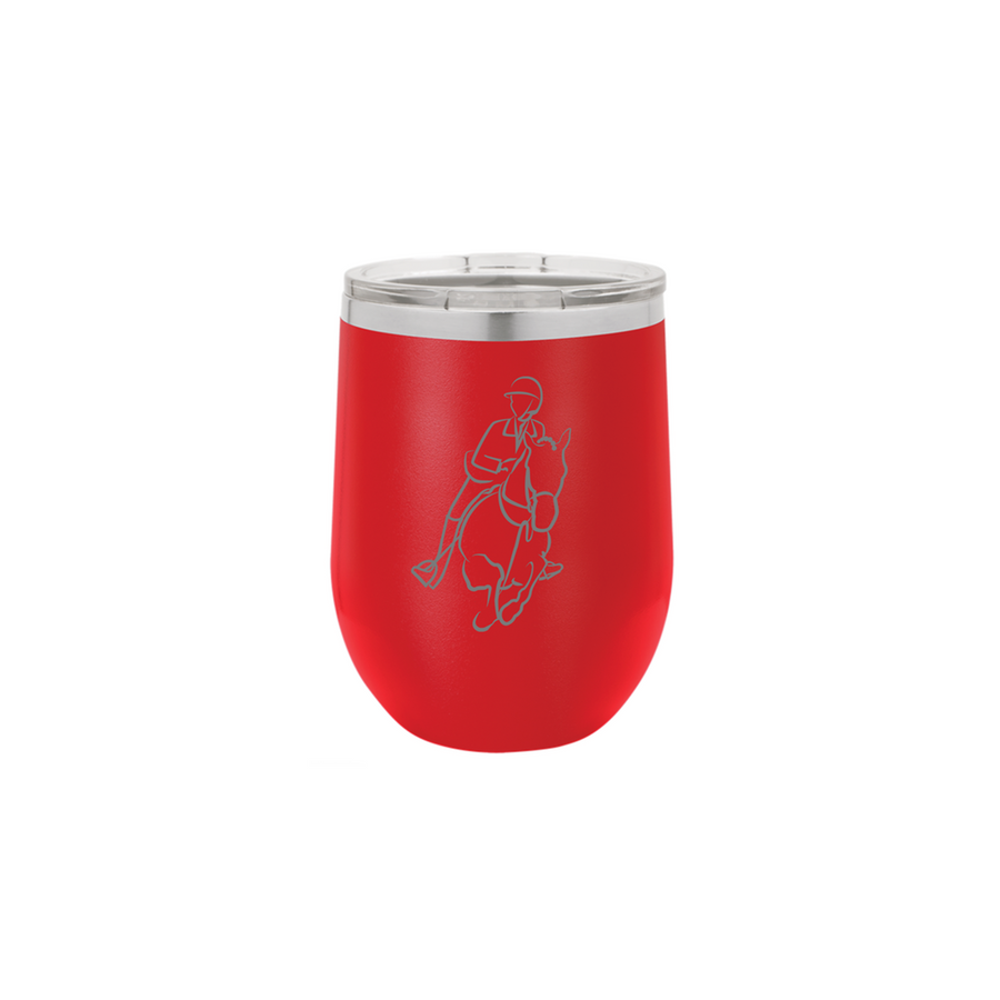 A red wine tumbler that can hold hot or cold beverages. A horse and rider logo is carved onto the tumbler.