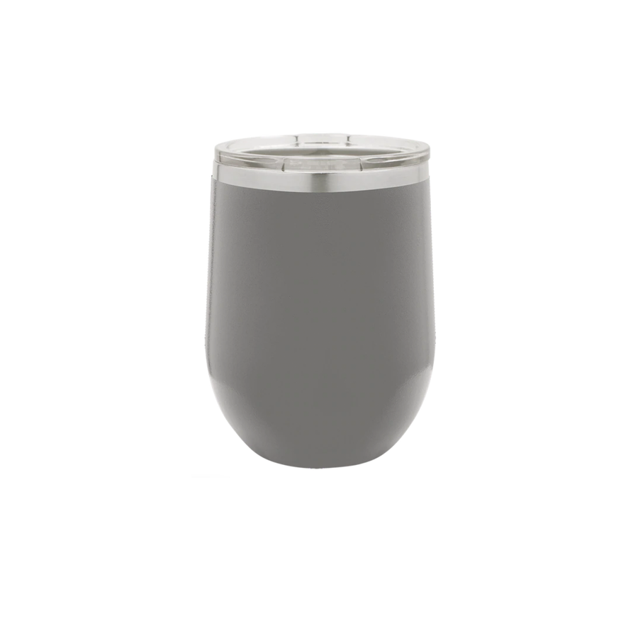 A gray wine tumbler that can hold hot or cold beverages. 