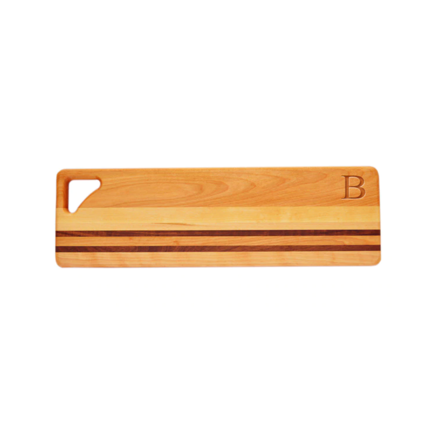 Personalized carved monogrammed yellow birch walnut accented long cutting board 