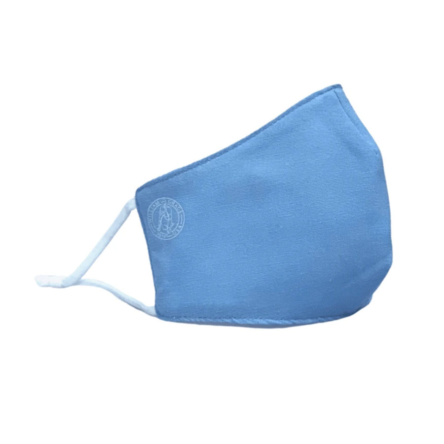 Blue linen mask with adjustable ear loops, moisture wicking, antibacterial, breathable, logo'd on right cheek with white William Grace logo