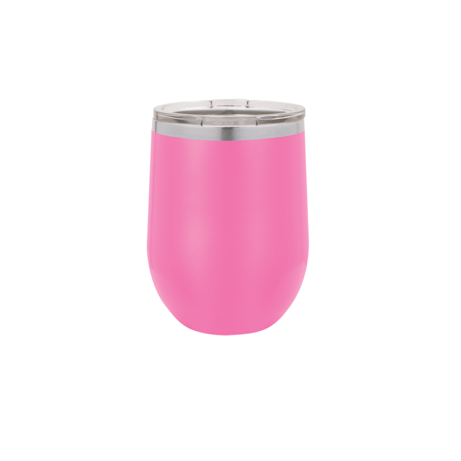 A pink wine tumbler that can hold hot or cold beverages. 