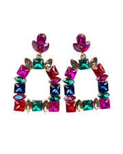 Multi-colored gem stirrup earrings- red,pink, green, blue. Statement post earrings