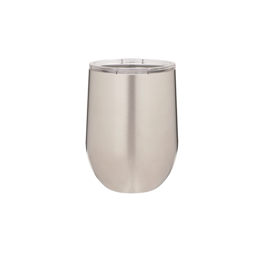 A stainless steel wine tumbler that can hold hot or cold beverages. 