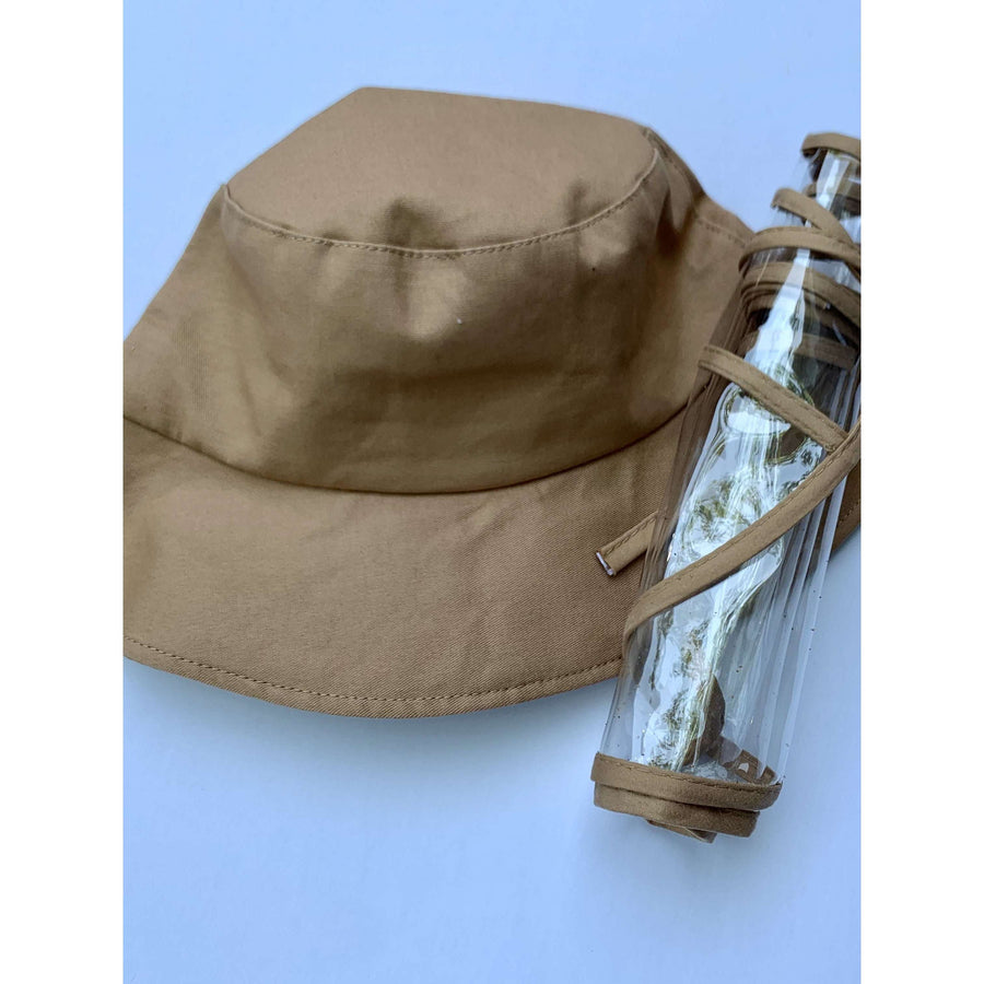 Brown cotton bucket hat with anti-fog plastic face shield