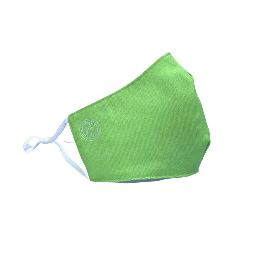 Bright green linen face mask with adjustable ear loops, moisture wicking, antibacterial, breathable, logo'd on right cheek with white William grace logo