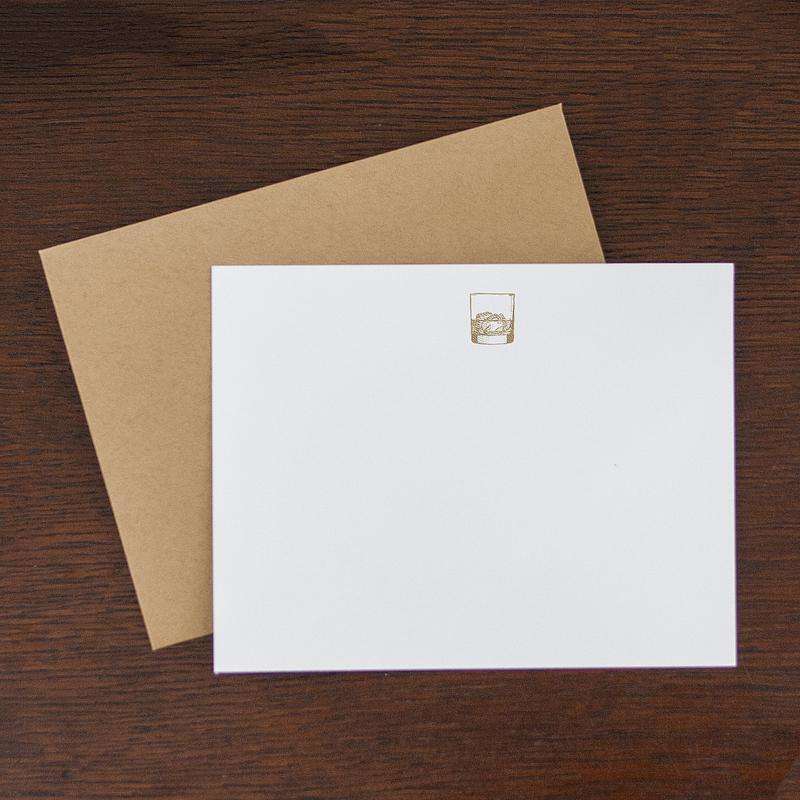 Note cards with gold whiskey glass printed on them